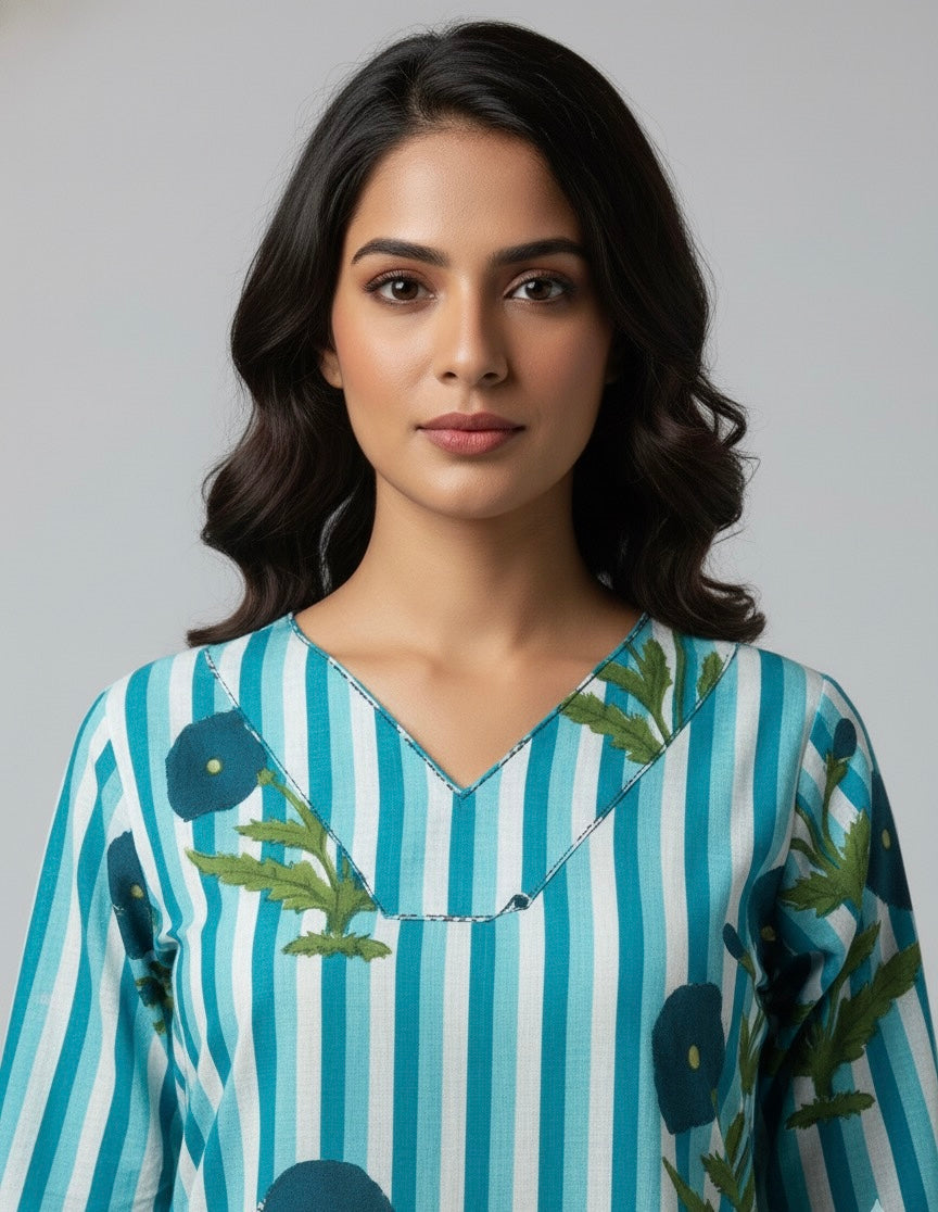 Stripes Print Pure Cotton Two Piece Pant Set -  PS005