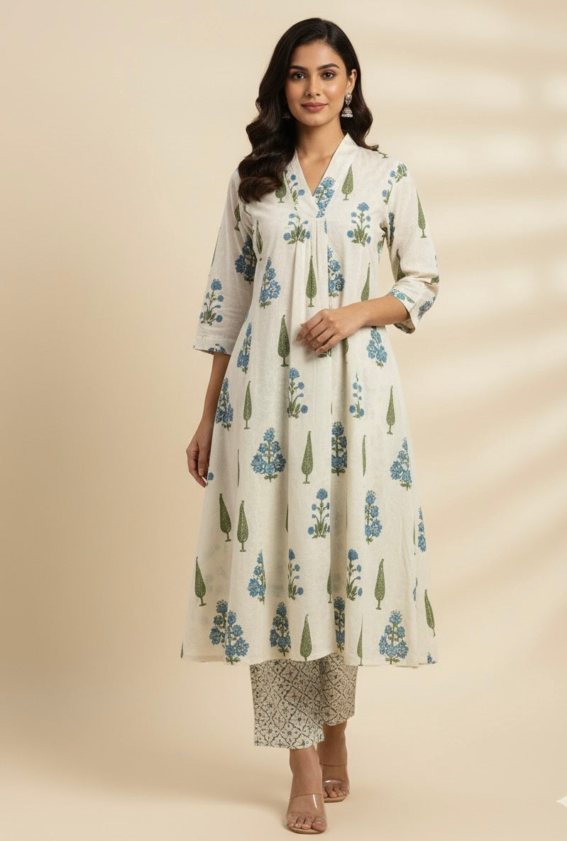 Floral Print A Line Pure Cotton Two Piece Pant Set  FL061