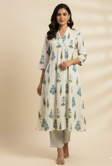 Floral Print A Line Pure Cotton Two Piece Pant Set  FL061