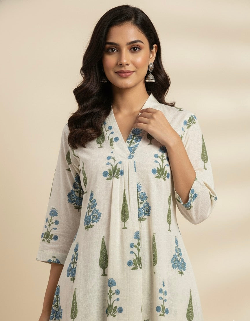 Floral Print A Line Pure Cotton Two Piece Pant Set  FL061