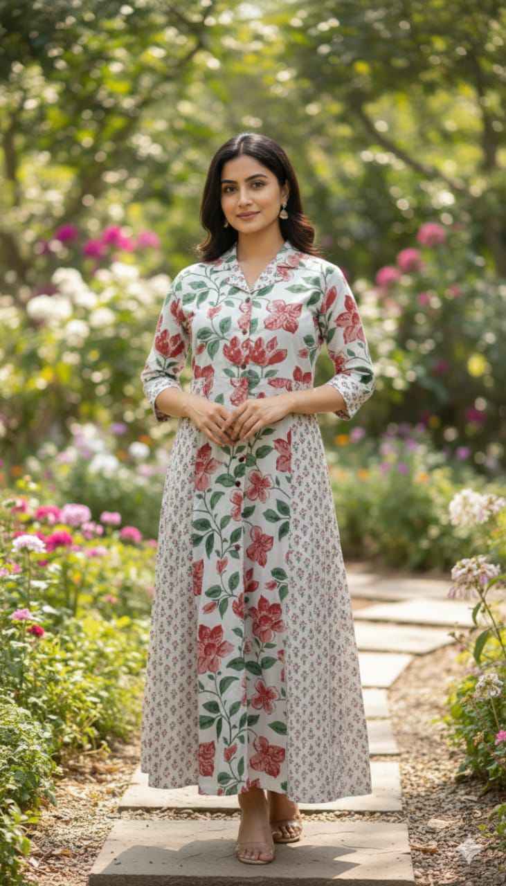 Pure Cotton Floral Print One Piece Dress With 1 Side Pocket