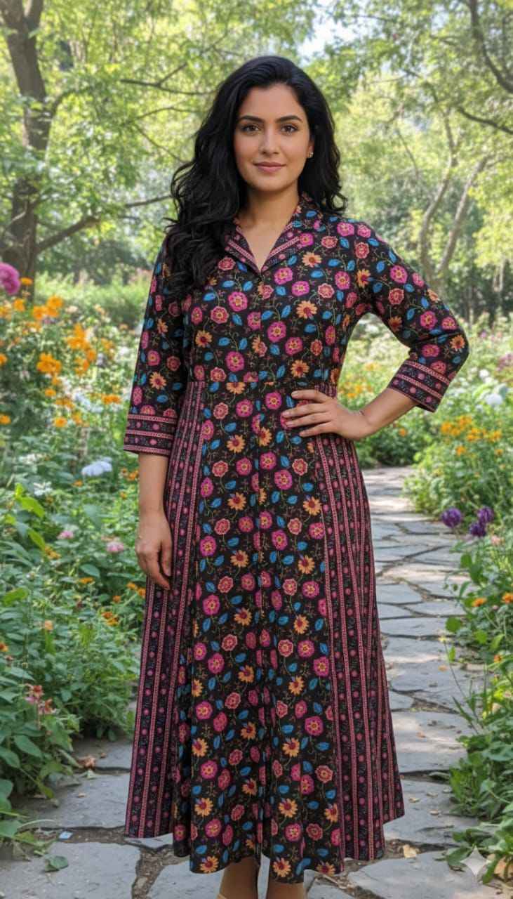 Pure Cotton Floral Print One Piece Dress With 1 Side Pocket