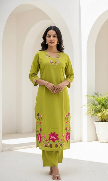 Pure Cotton Two Piece Pant Set With Embroidery  PS030