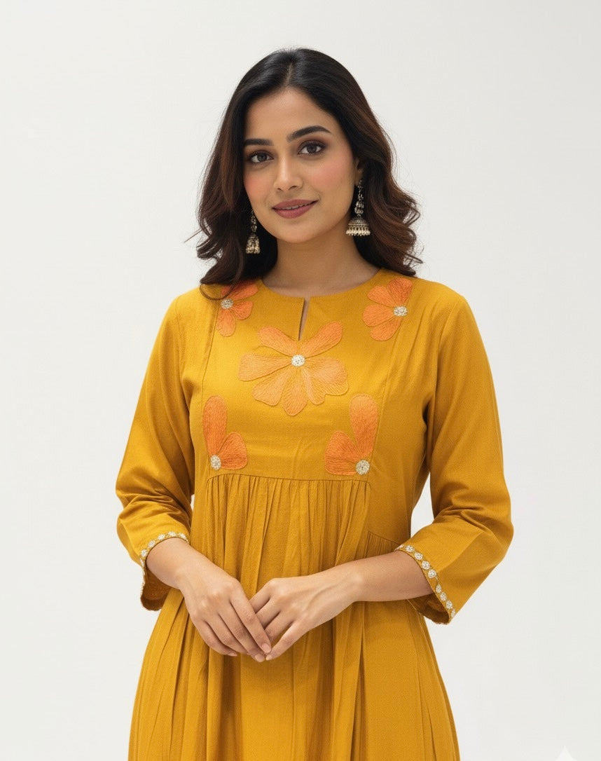 Roman Muslin A Line Pant Set With Patch Work  PS006