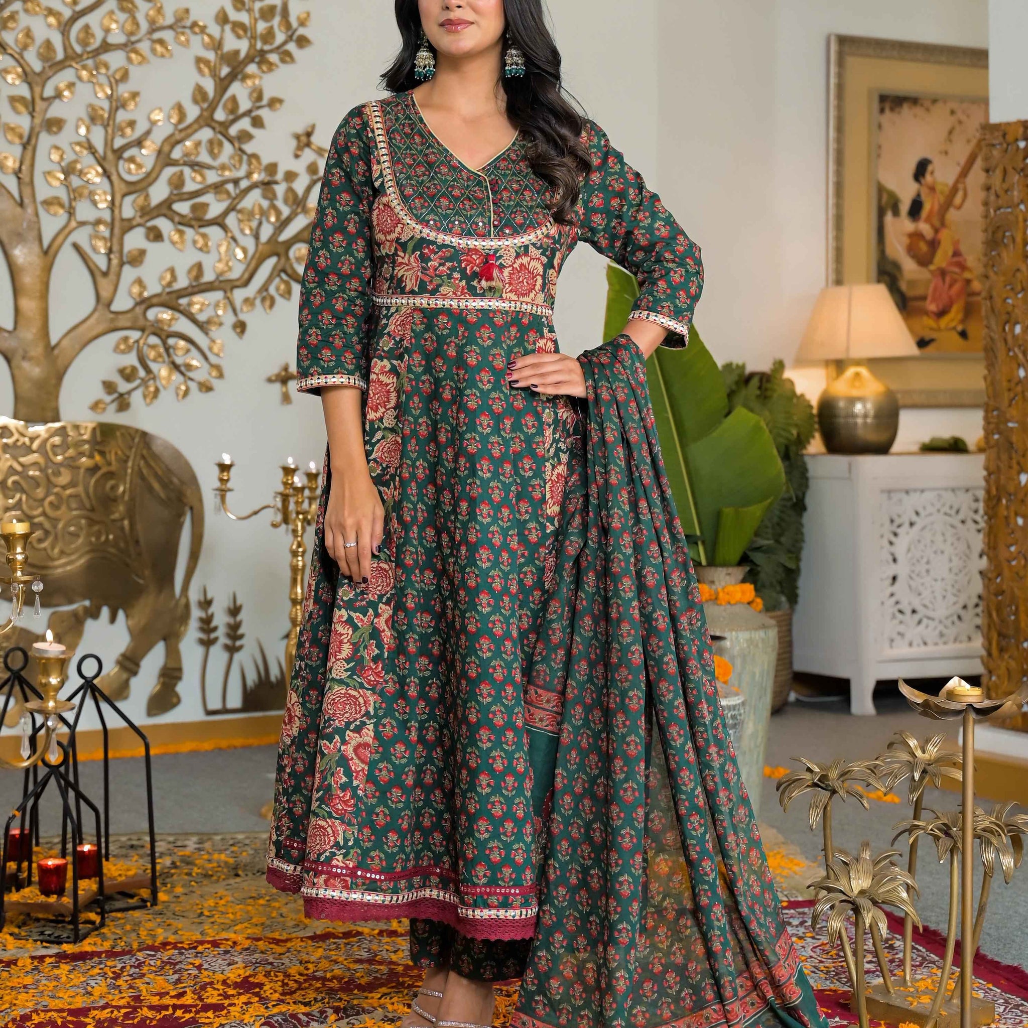 Cotton Block Print Anarkali Duppata Set