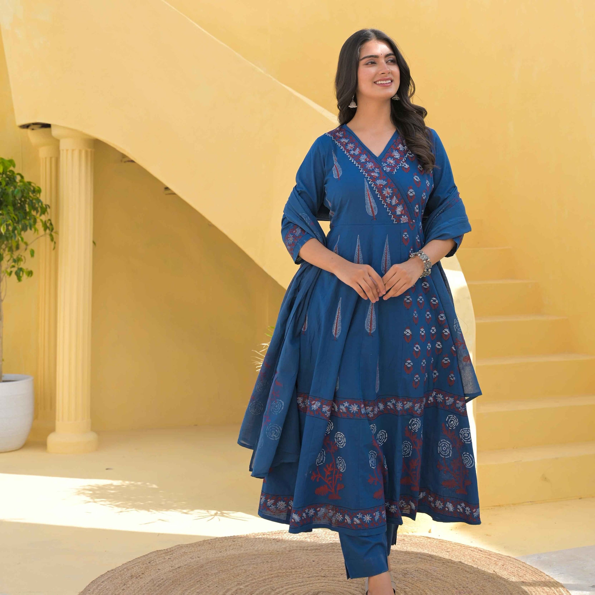 Navy Blue Pure Cotton Hand Block Anarkali Suit