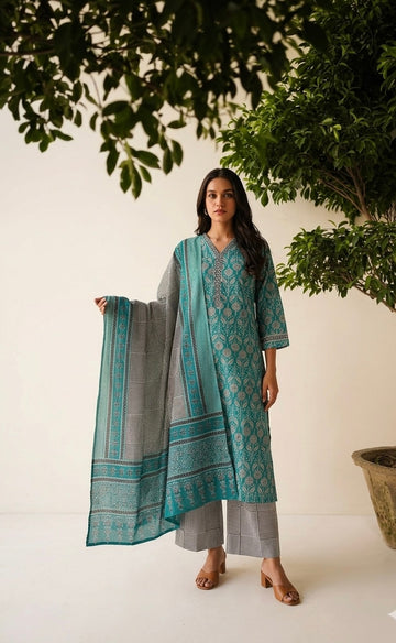 Pure Cotton Three Piece Dupatta Set  CS0294