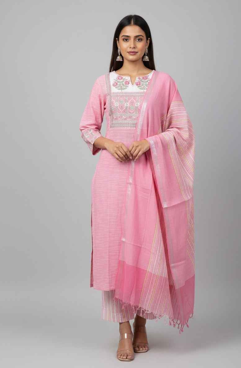 Pure hand loom Cotton Three Piece dupatta Set