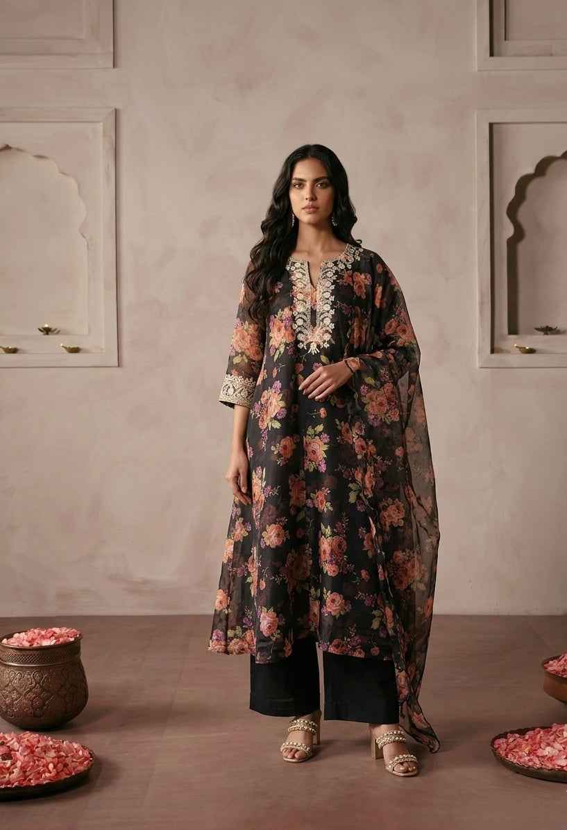Pure Chanderi Silk A Line Three Piece With Orgenza  Dupatta FW004