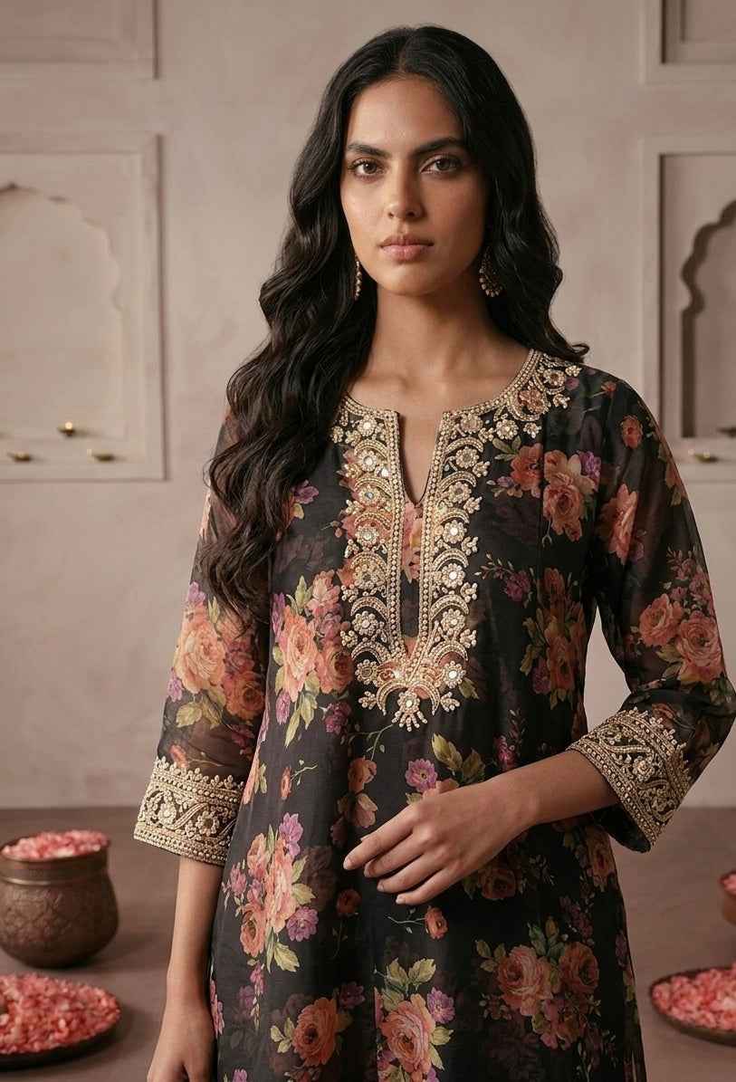 Pure Chanderi Silk A Line Three Piece With Orgenza  Dupatta FW004