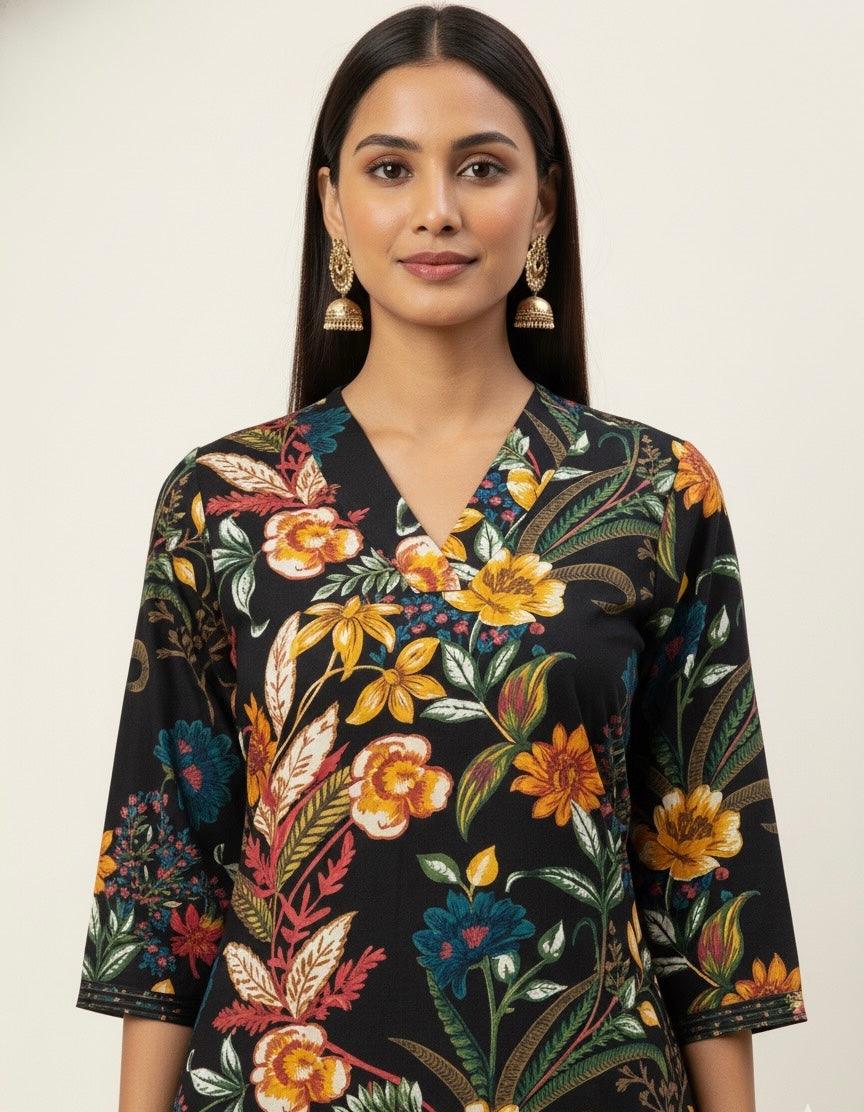 Jaal Floral Print Only Straight Kurta ( Black )    OK007