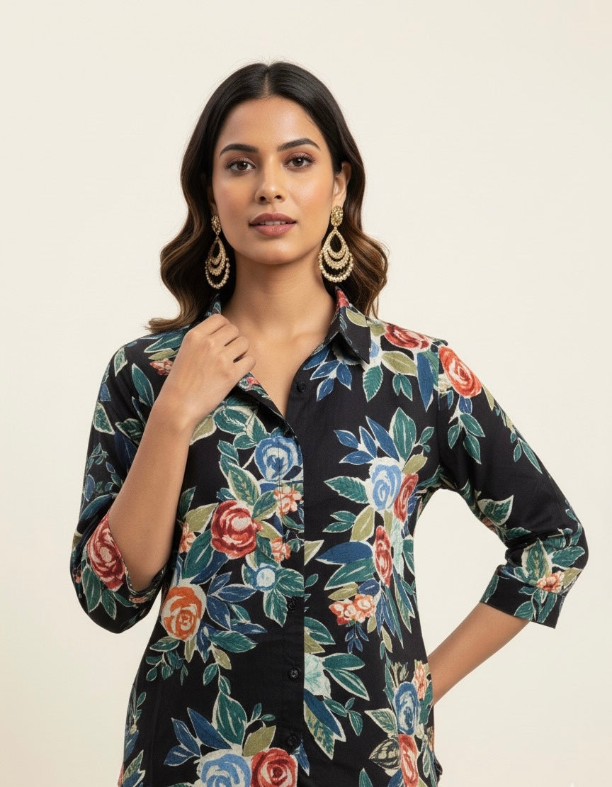 Pure Cotton Floral Print Co Ord Set With Palazzo COS012