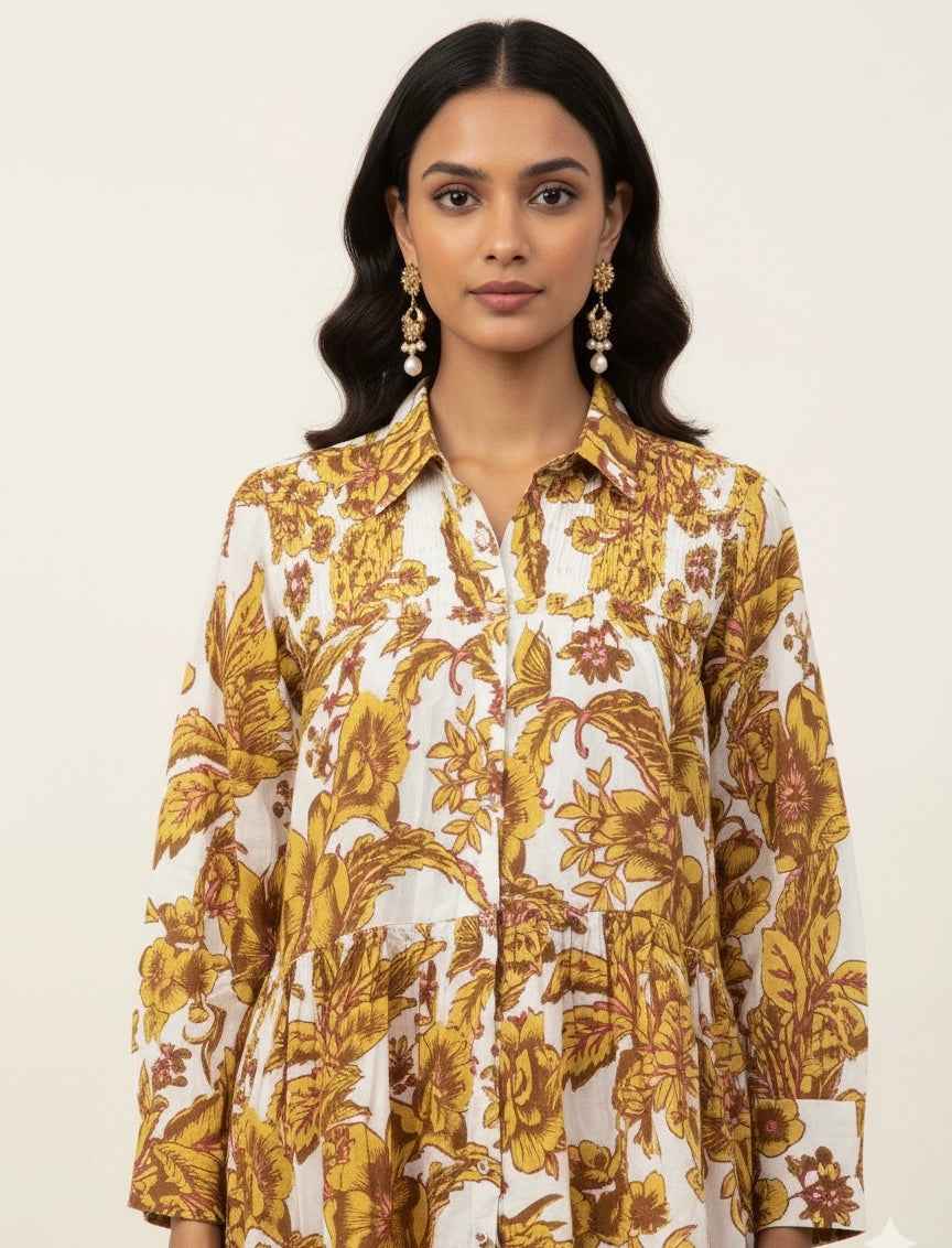 Pure Cotton Floral Print  One Piece Midi Dress