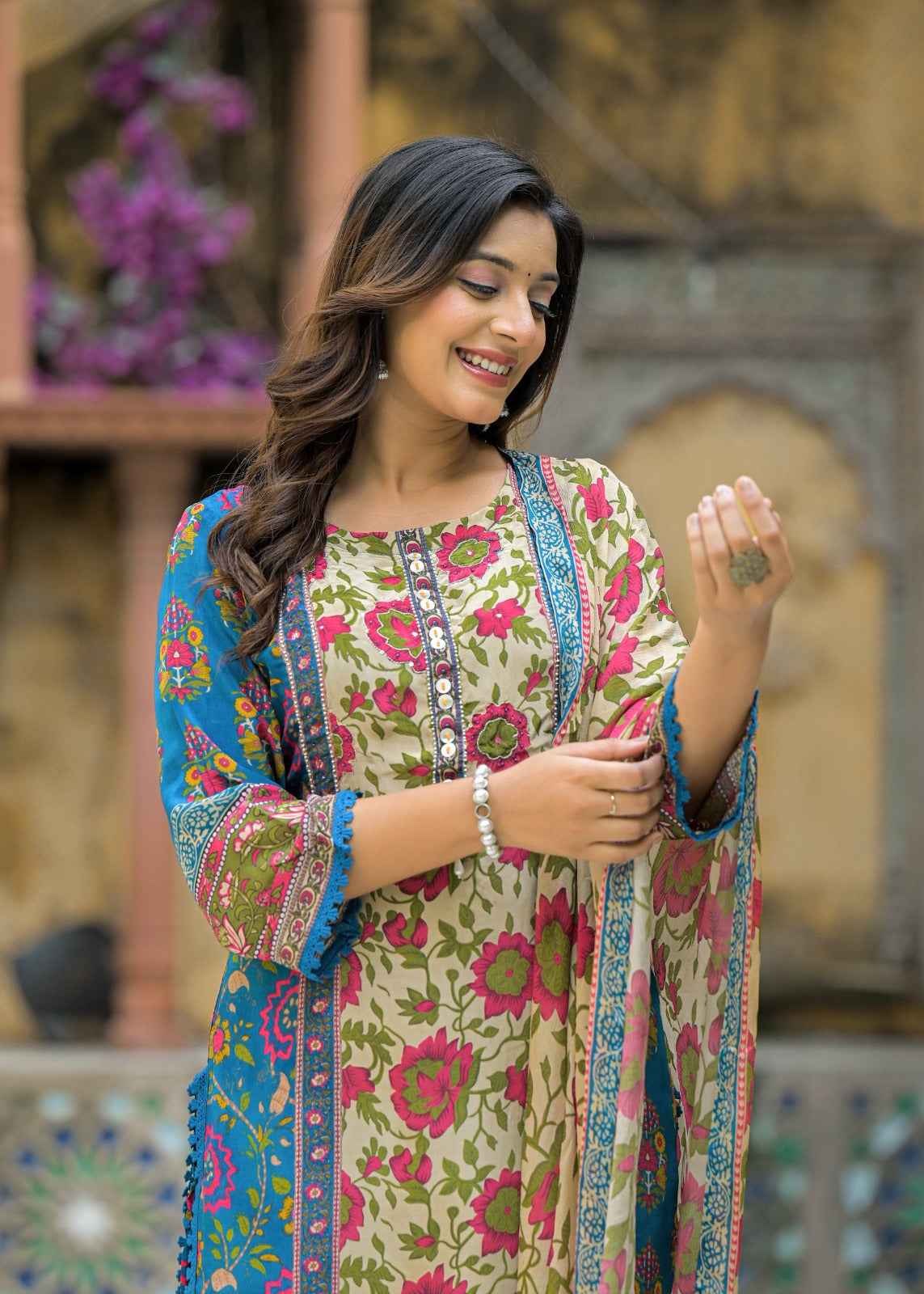 Pure Cotton Floral Print Crepe Dupatta set