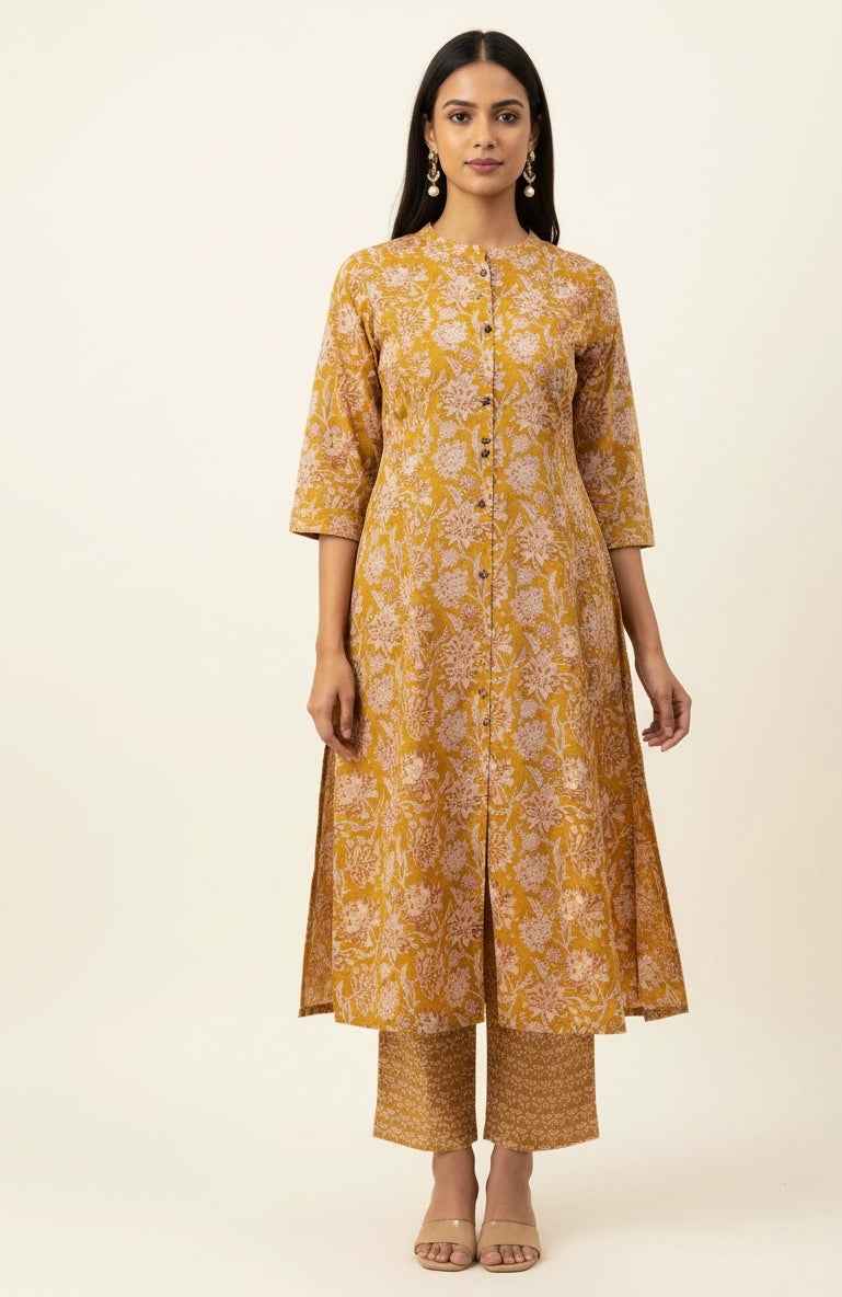 Pure Cotton Floral Print A Line Two Piece Pant Set