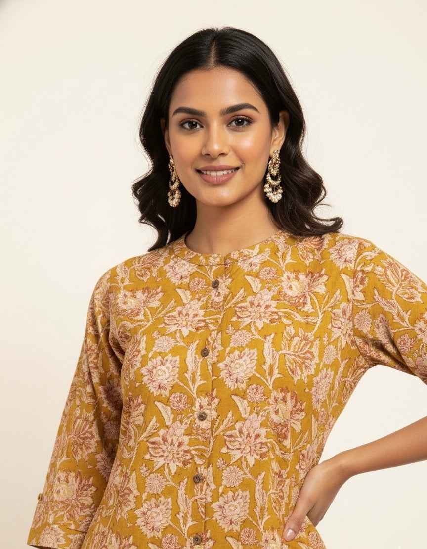 Pure Cotton Floral Print A Line Two Piece Pant Set