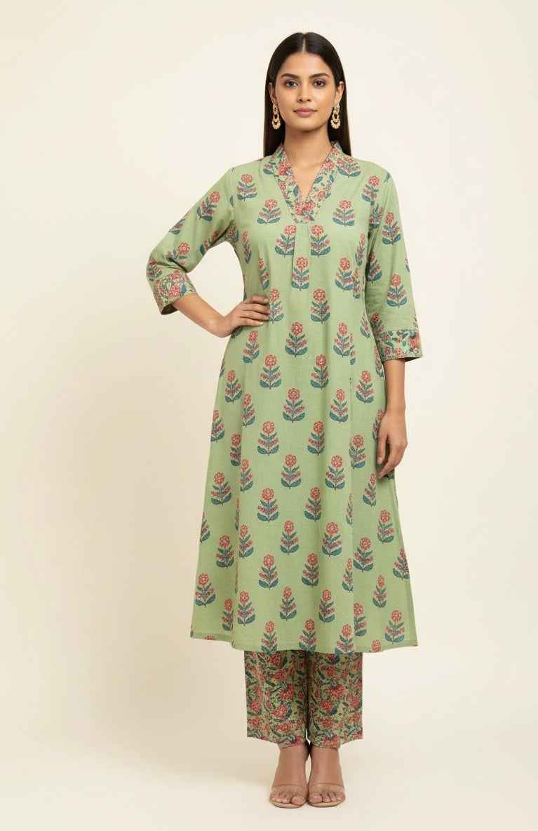 Pure Cotton Floral Print A Line Two Piece Pant Set