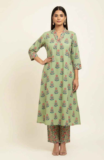 Pure Cotton Floral Print A Line Two Piece Pant Set
