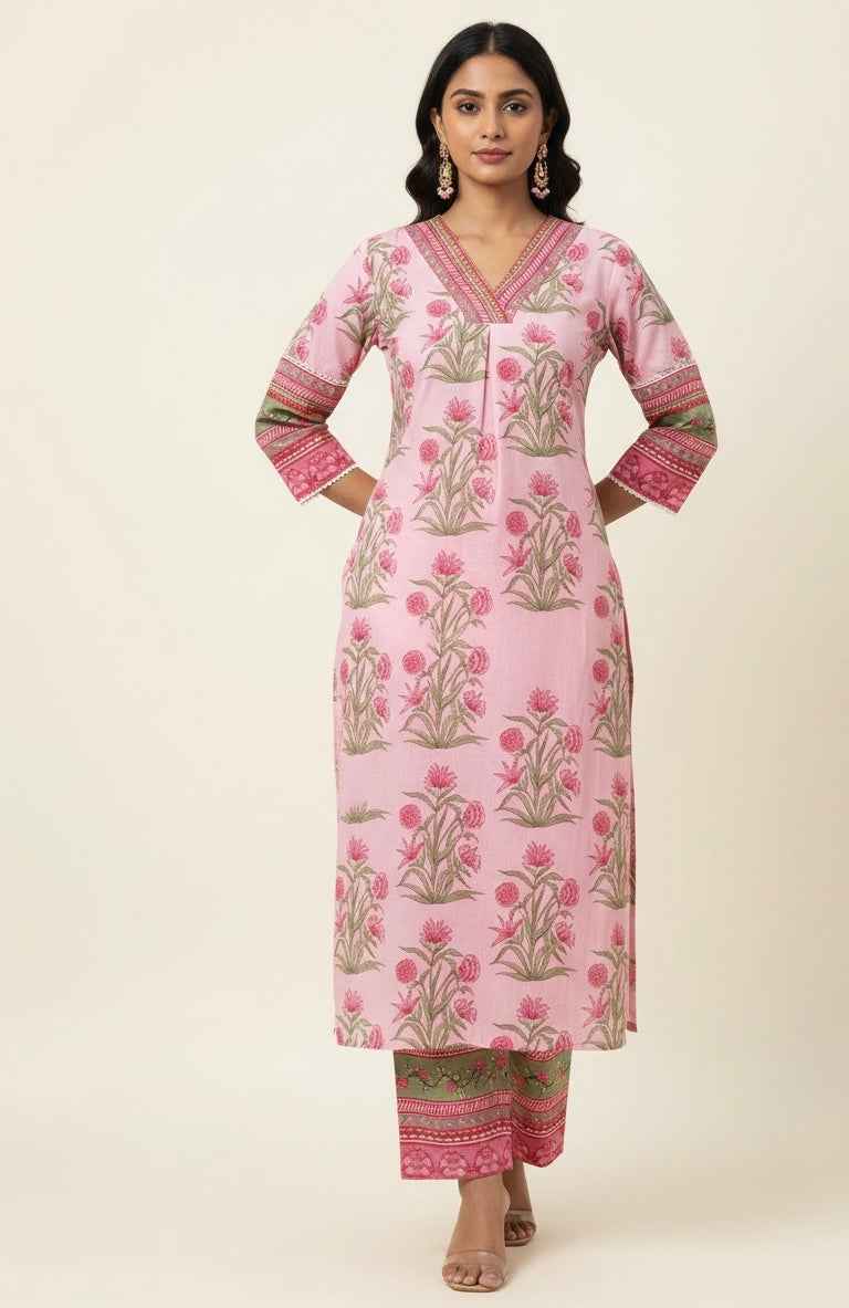 Pure Cotton Floral Print Two Piece Pant Set