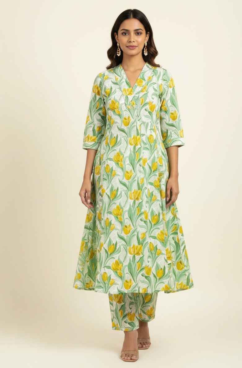 Pure Cotton Floral Print A Line Two Piece Pant Set