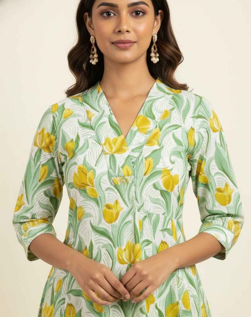 Pure Cotton Floral Print A Line Two Piece Pant Set