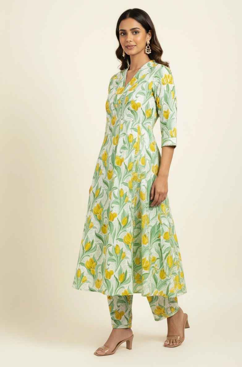 Pure Cotton Floral Print A Line Two Piece Pant Set