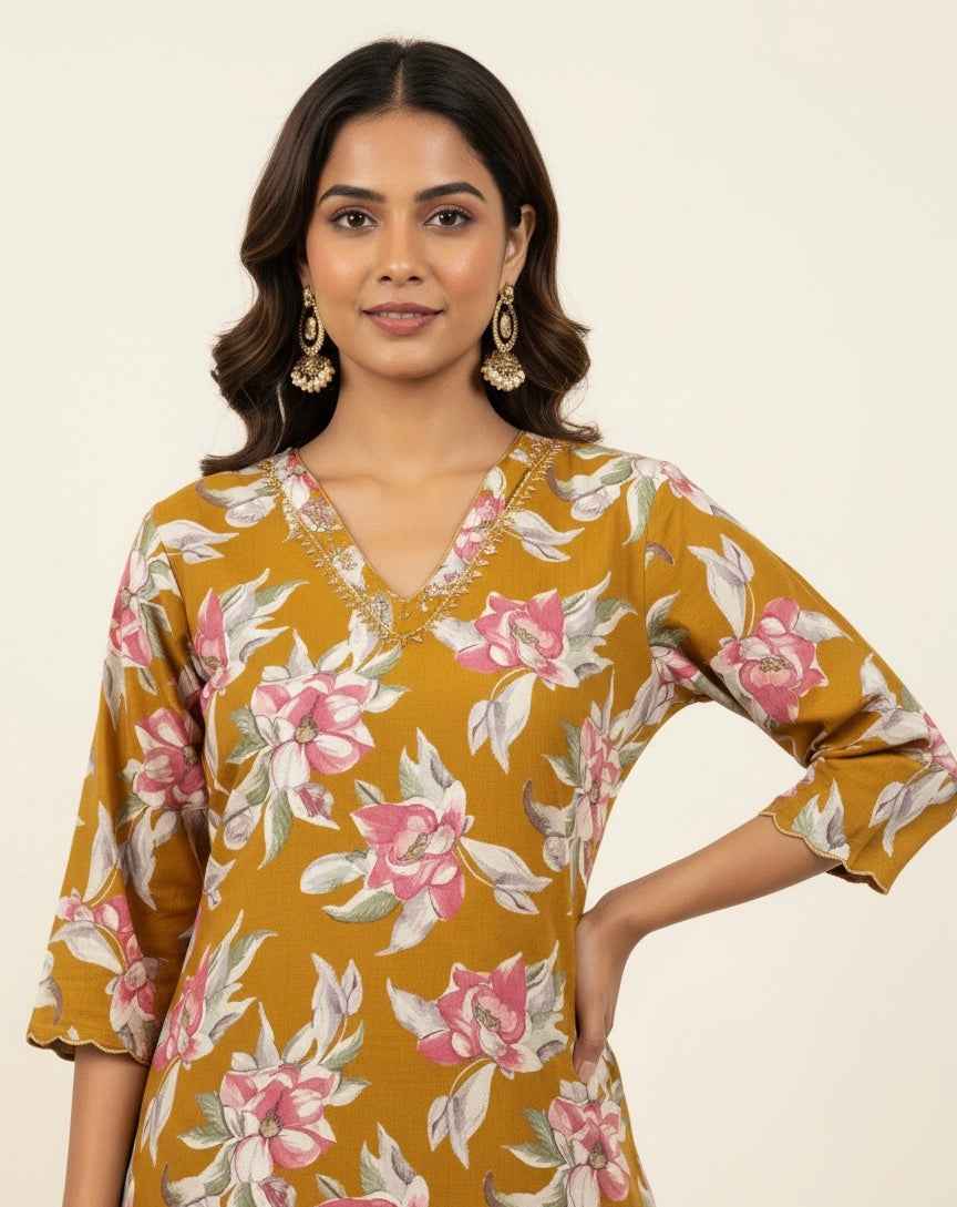 Pure Cotton Floral Print Two Piece Pant Set