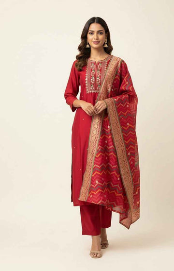 Pure Muslin Bandhej Dupatta Set With Embroidery