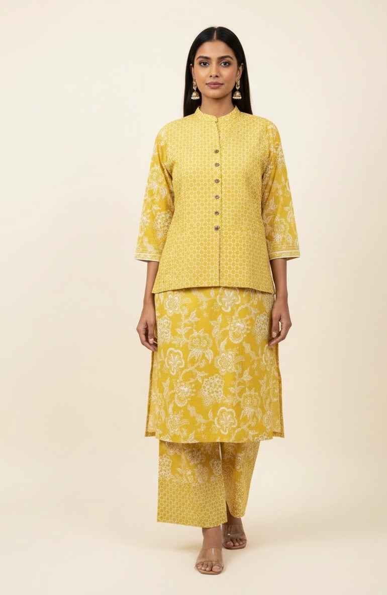 Pure Cotton Three Piece Suit With Quilted Cotton Jacket