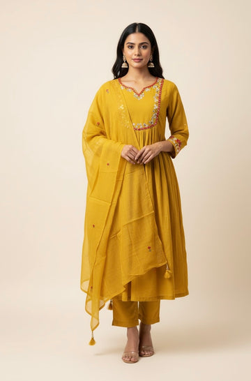 Pure Mul Chanderi A Line Dupatta Set With Mirror Work MLC004