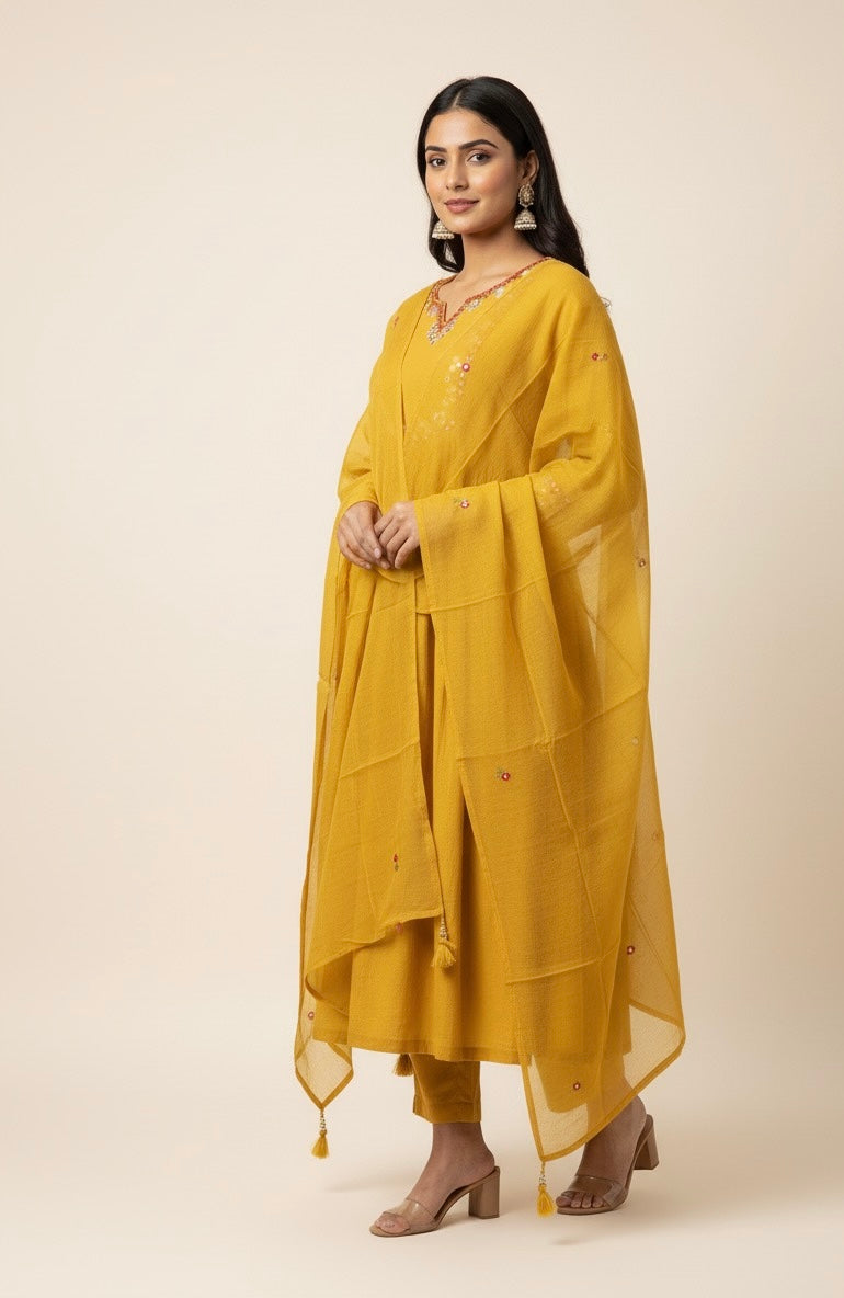 Pure Mul Chanderi A Line Dupatta Set With Mirror Work MLC004