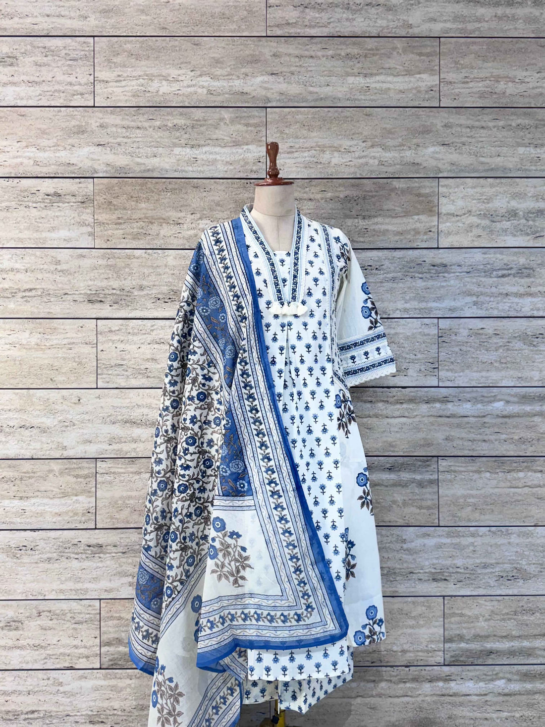 White Base Hand Block Anarkali Suit In Cotton