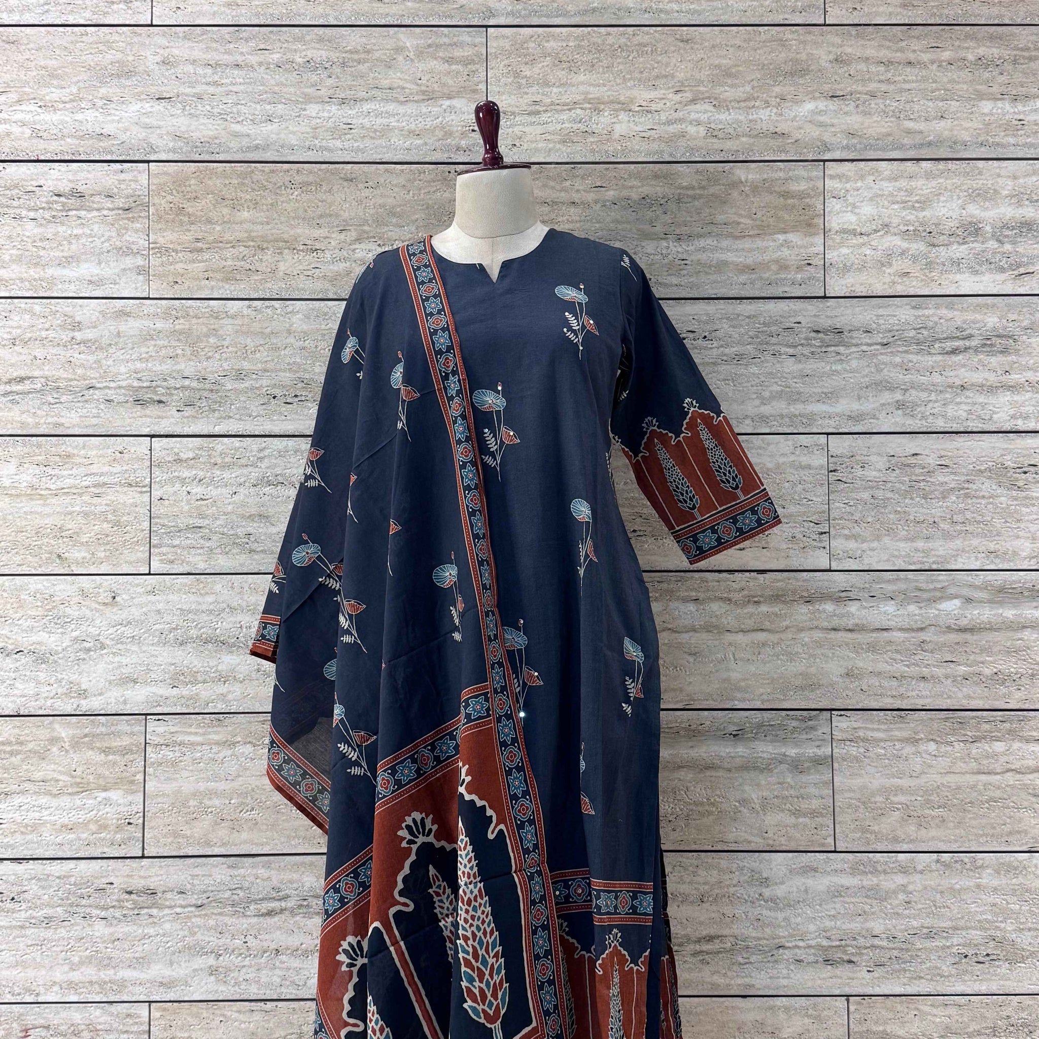 Three Piece Dupatta Set with Ajrakh Print