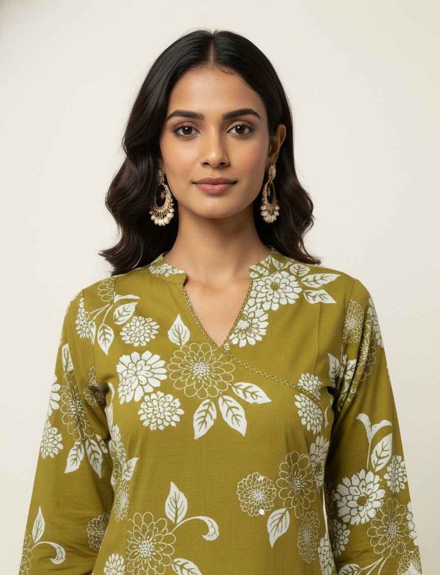 Angrakha Style Floral Print Cotton Kurtas OK051