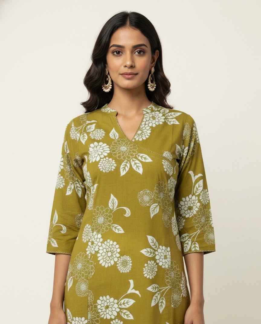 Angrakha Style Floral Print Cotton Kurtas OK051