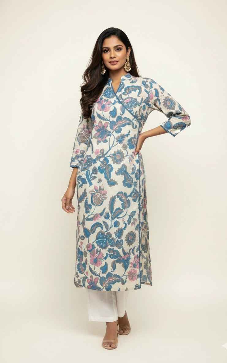 Angrakha Style Floral Print Cotton Kurtas OK052