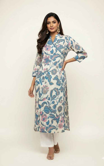 Angrakha Style Floral Print Cotton Kurtas OK052
