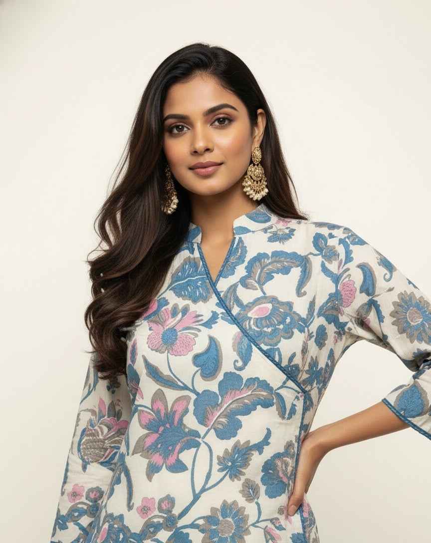 Angrakha Style Floral Print Cotton Kurtas OK052