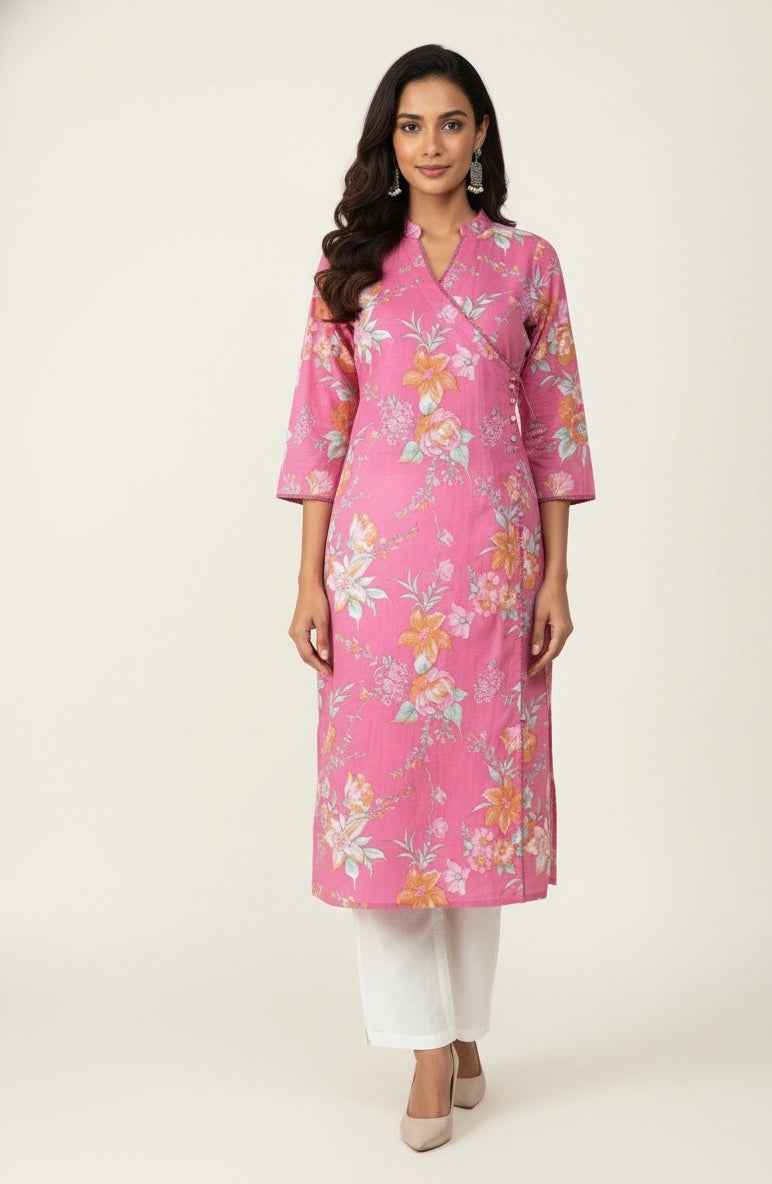 Angrakha Style Floral Print Cotton Kurtas OK053