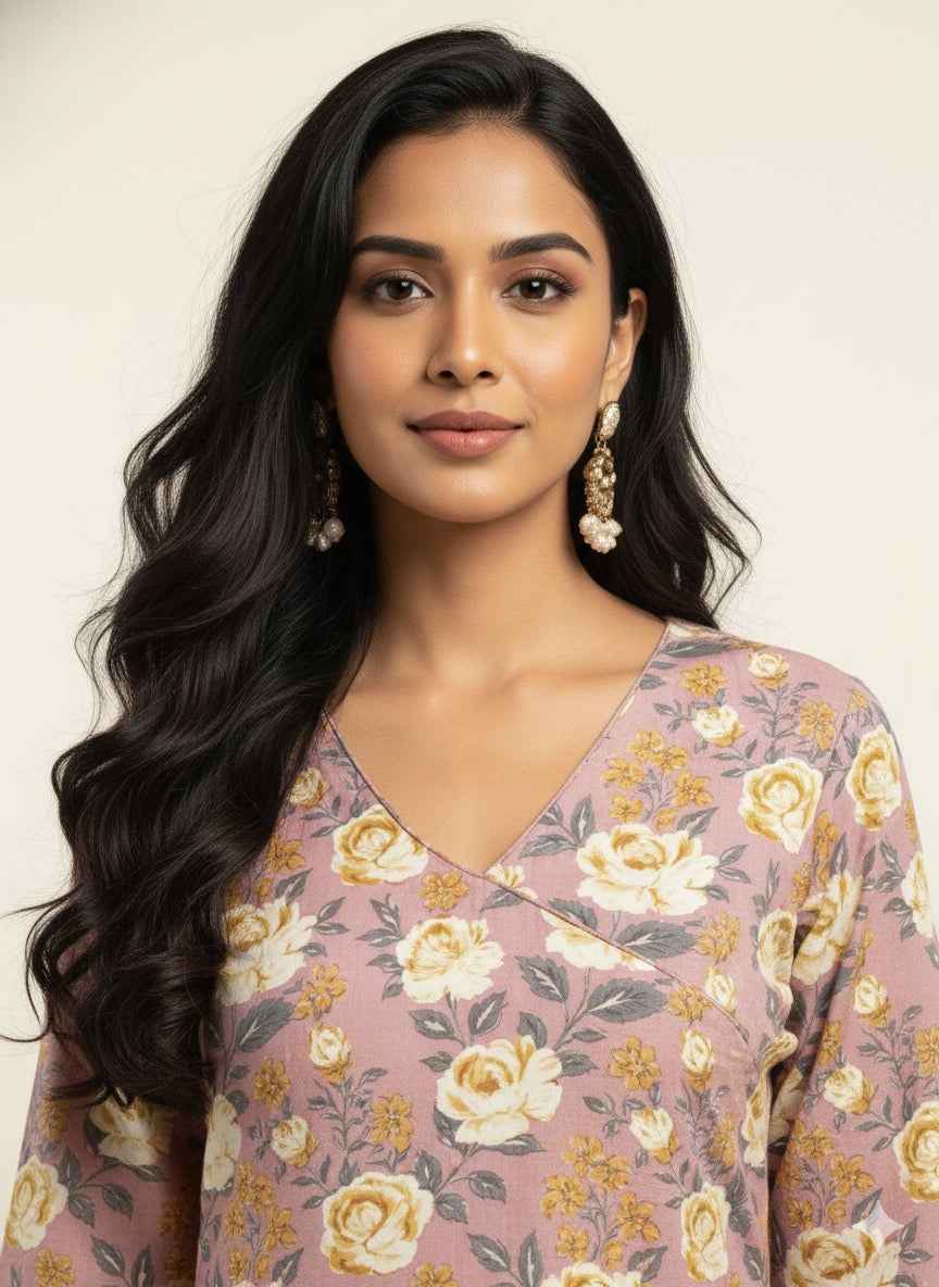 Angrakha Style Floral Print Cotton Kurtas OK055