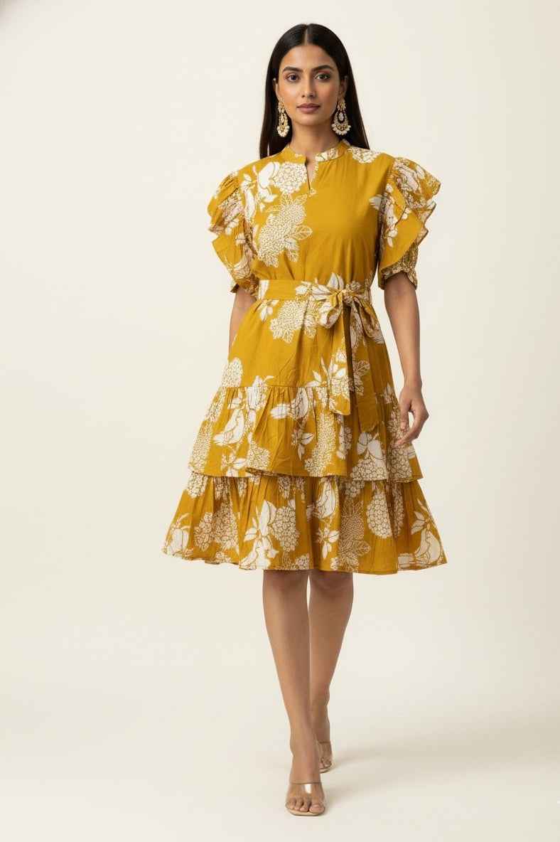 Pure Cotton Floral Print  One Piece Midi Dress  SD019