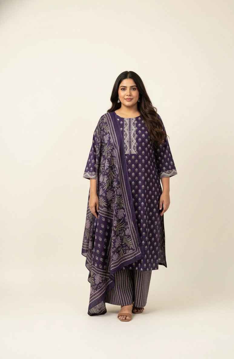 Pure Cotton Three Piece Dupatta Set With Plus Size CS0143