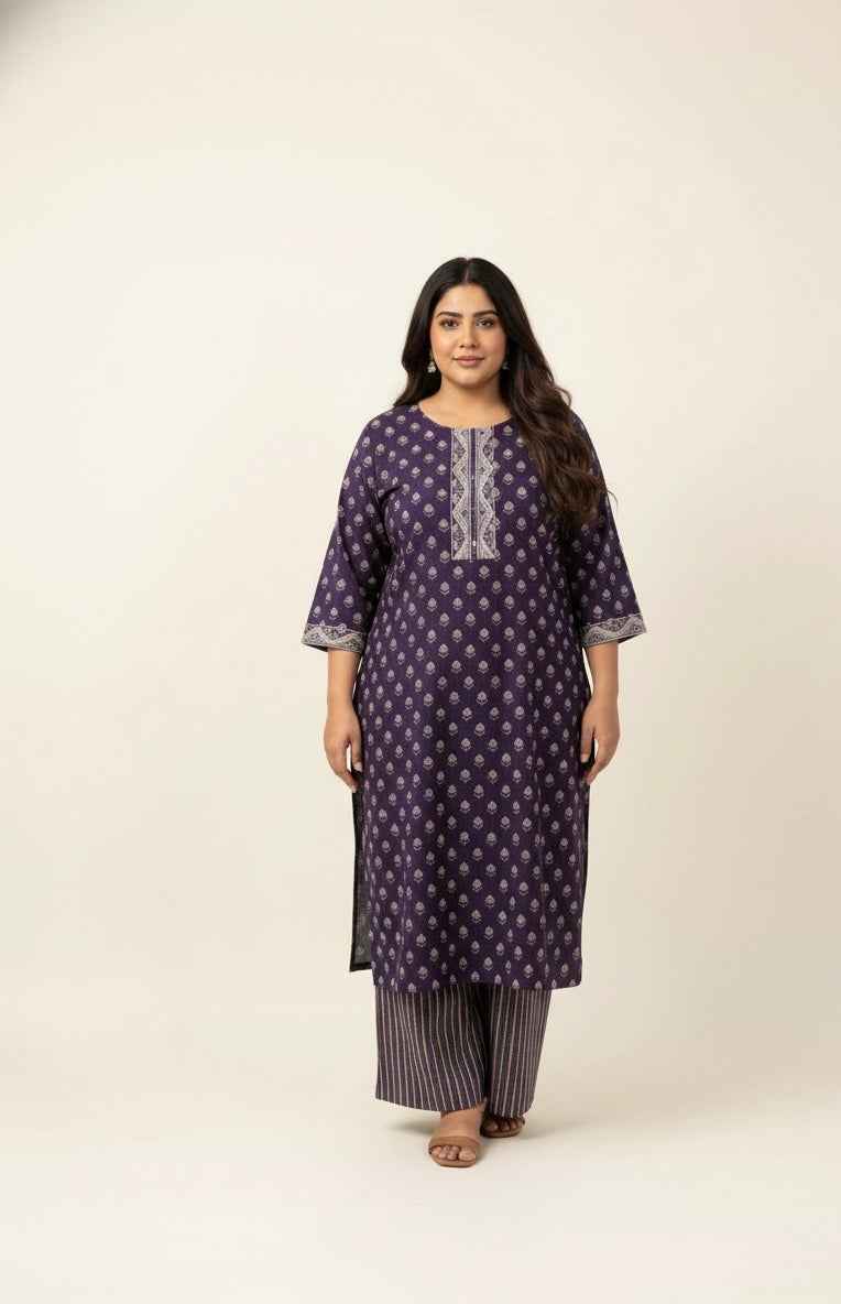 Pure Cotton Three Piece Dupatta Set With Plus Size CS0143