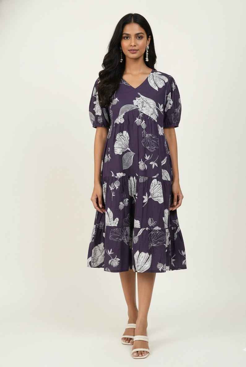 Pure Cotton Floral Print  One Piece Midi Dress SD024