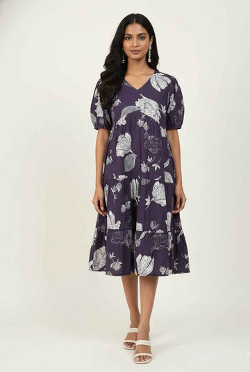 Pure Cotton Floral Print  One Piece Midi Dress SD024