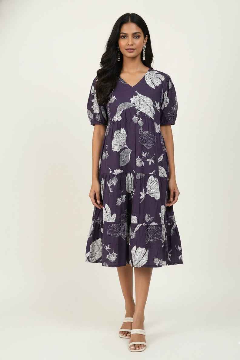 Pure Cotton Floral Print  One Piece Midi Dress SD024