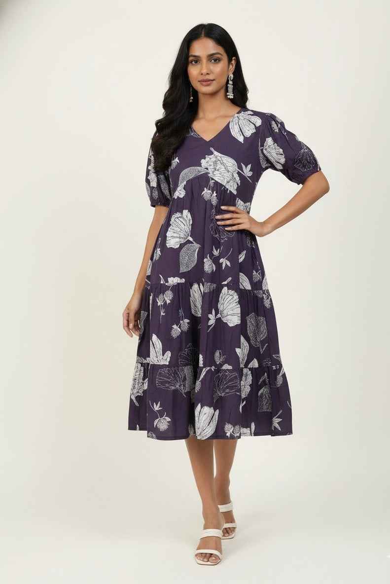Pure Cotton Floral Print  One Piece Midi Dress SD024