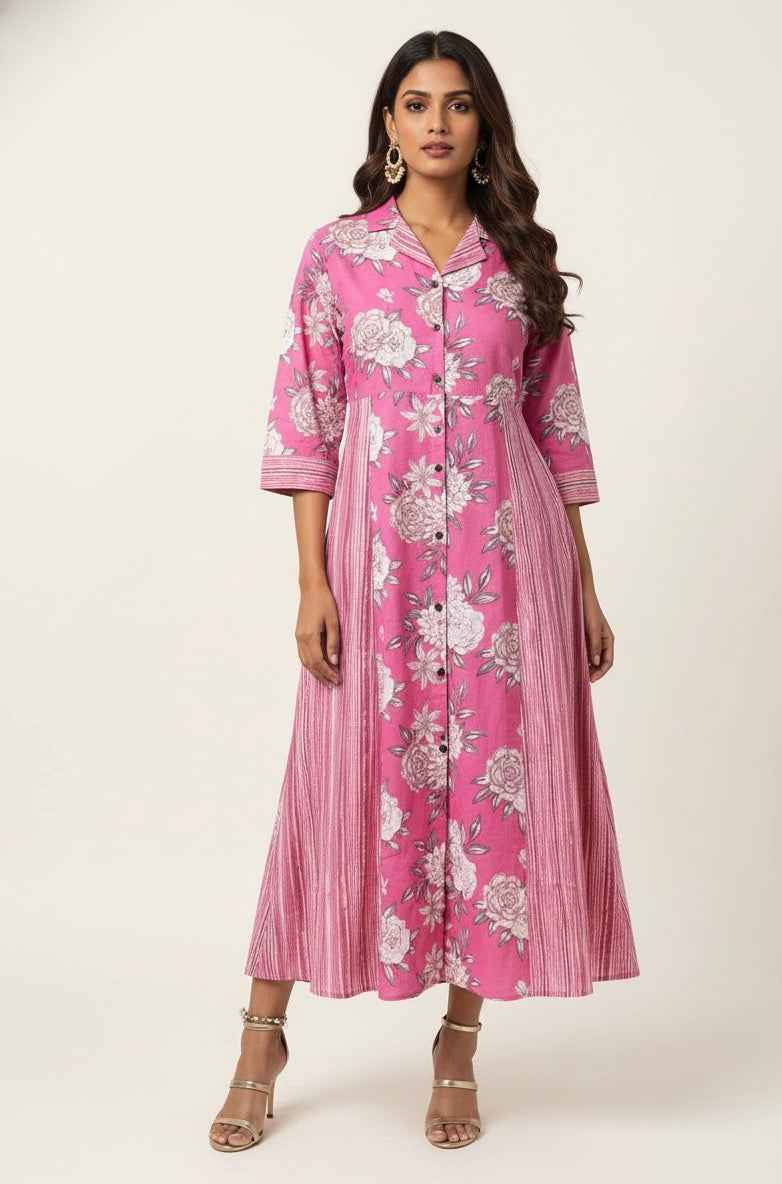 Pure Cotton Floral Print  One Piece Midi Dress SD025