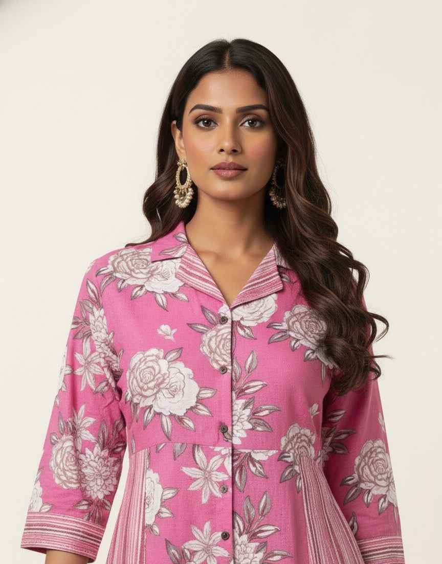 Pure Cotton Floral Print  One Piece Midi Dress SD025