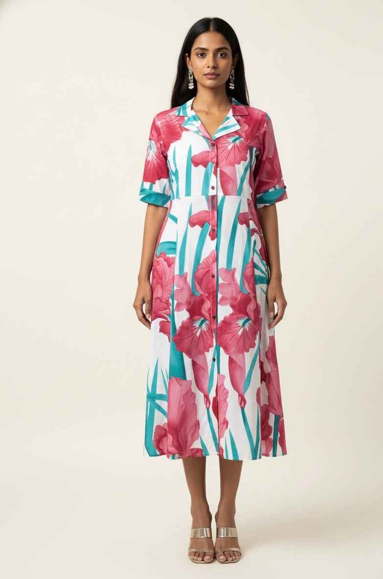 Pure Cotton Floral Print  One Piece Midi Dress SD026